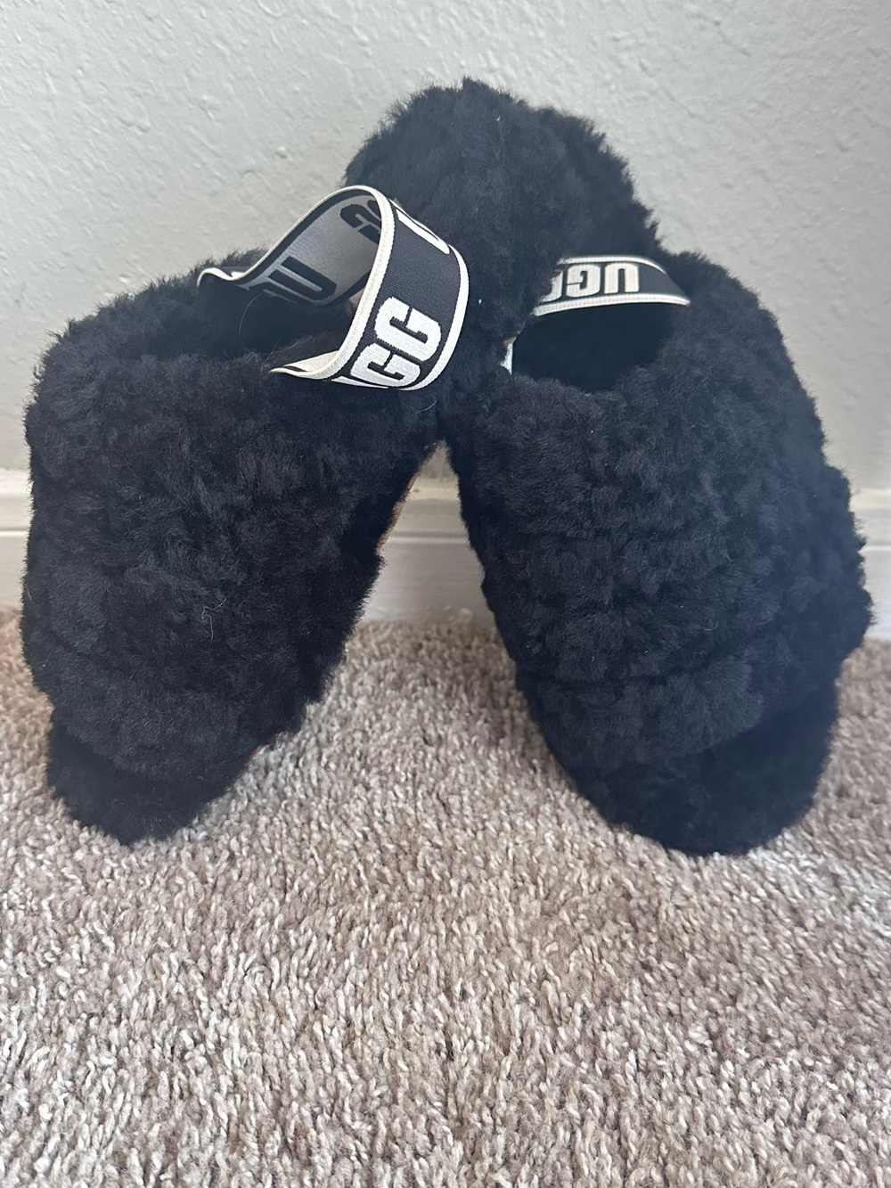 UGG Black Plush Fluff Slide Sandals with Logo Heel Strap
